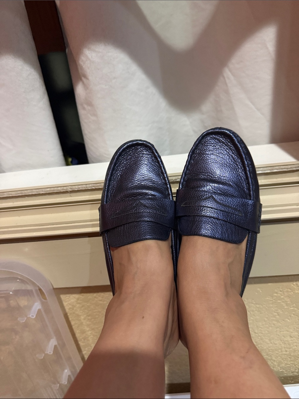 Volatile Navy Leather Penny Loafers